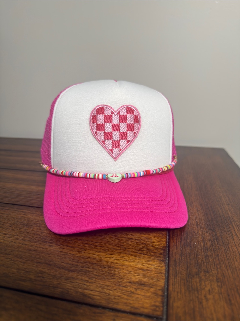 Pink & White Trucker Hat Mesh Back Adjustable Checkered Heart Patch & Chain